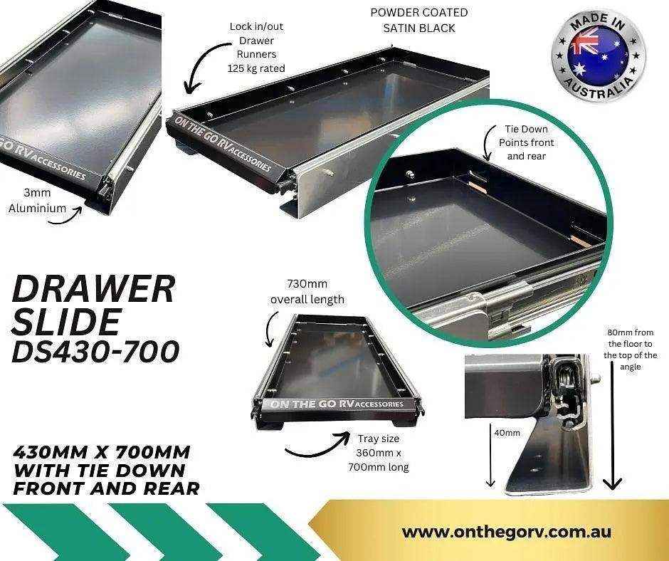 430mm wide Tunnel Boot Draw Slide x 700mm Long with tie down points - Everything Caravans
