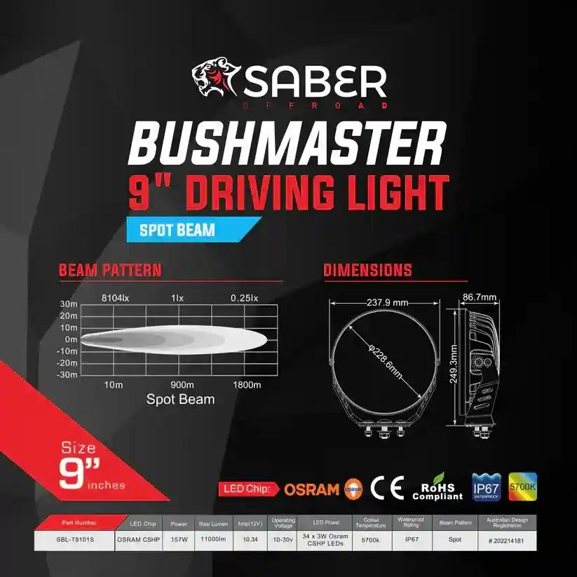 Saber Offroad Bushmaster 9" Driving Light - Spot Beam