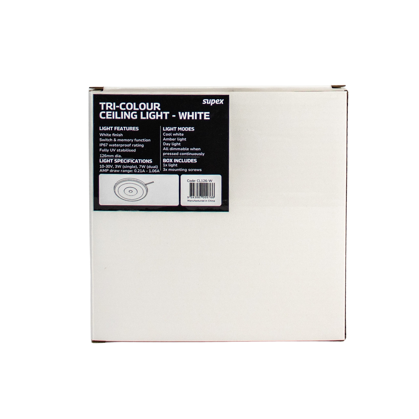 Supex Tri-Colour LED Ceiling Light 126mm in White