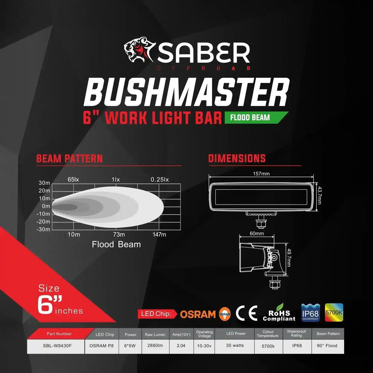 Saber Offroad 6" Work Light Bar - Flood Beam