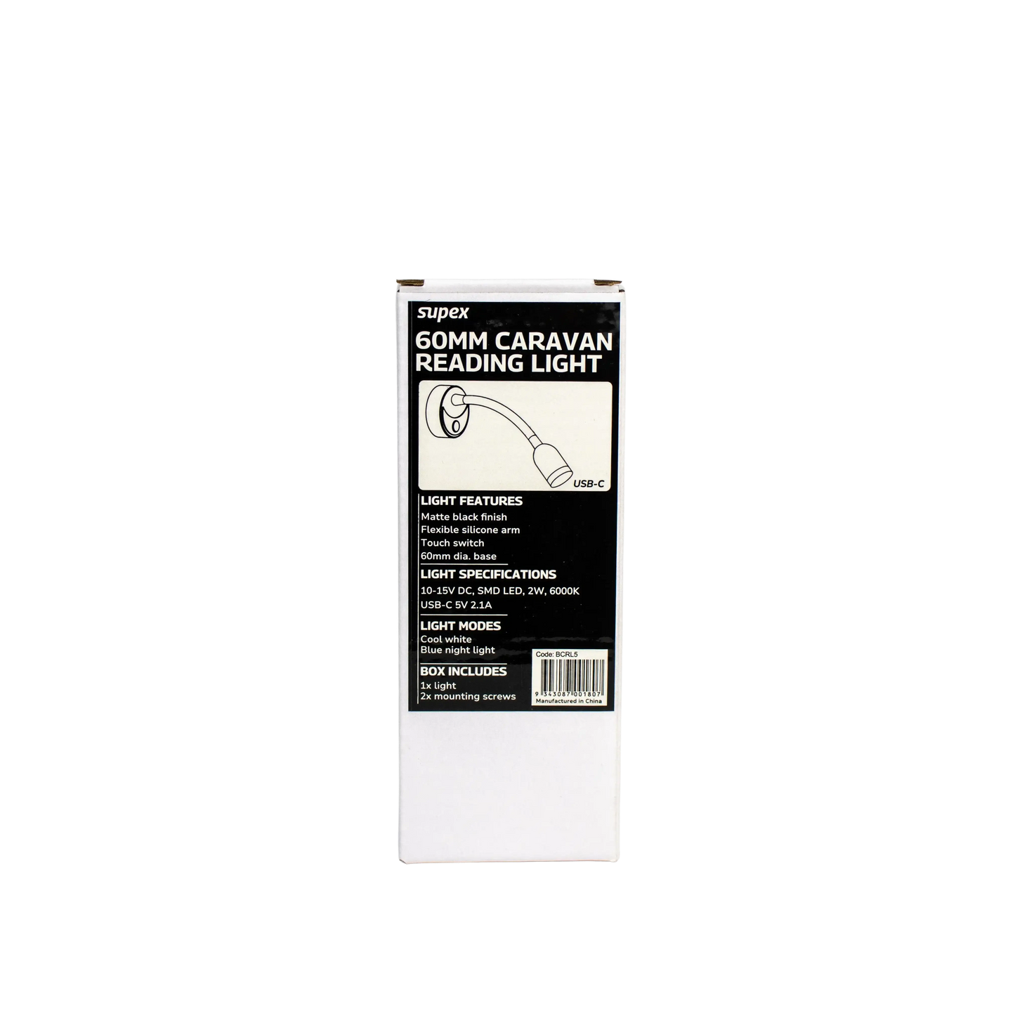 Supex 60mm Caravan Reading Light With USB-C And Flexible Arm