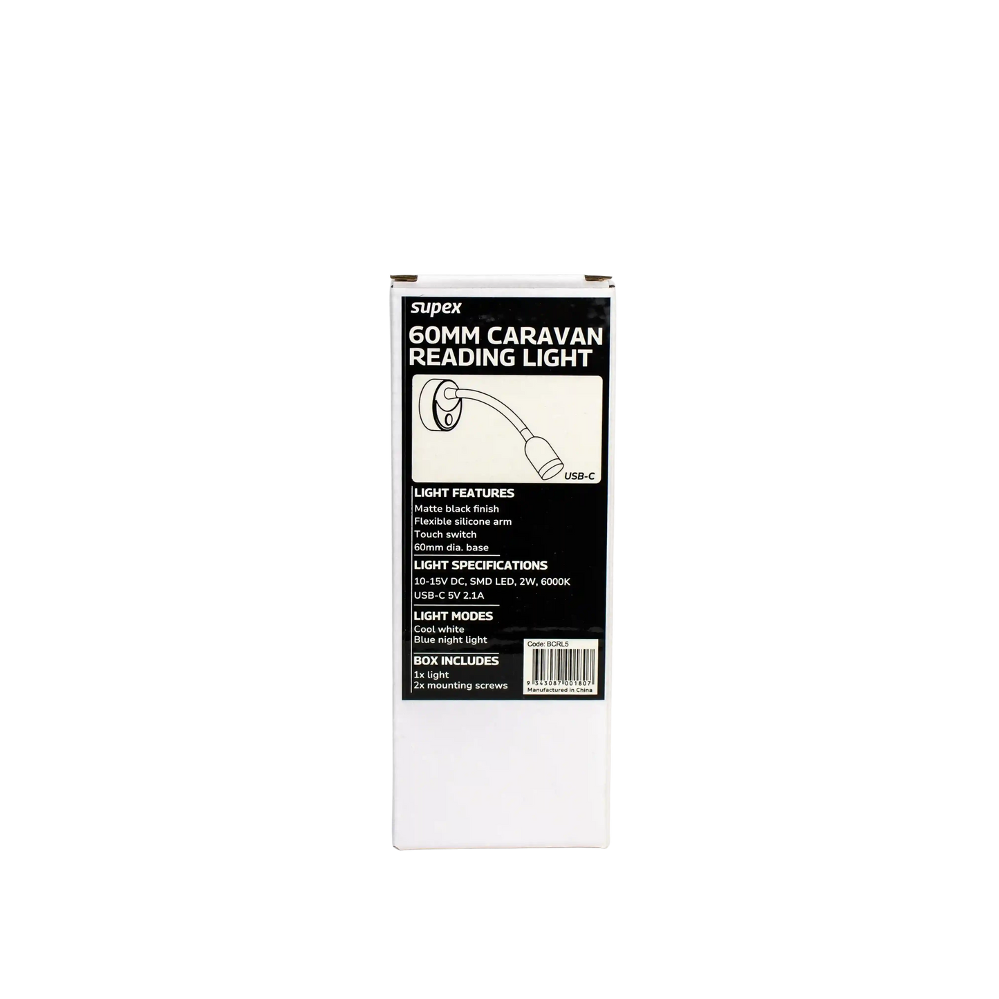 Supex 60mm Caravan Reading Light With USB-C And Flexible Arm
