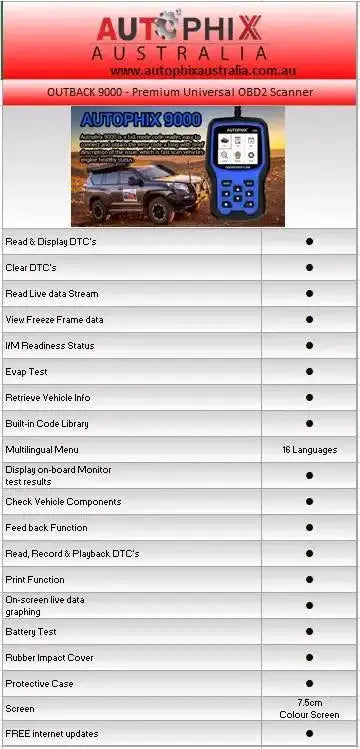 Autophix Outback 9000 Premium Universal Code Reader OBD2+EOBD/CAN - Everything Caravans