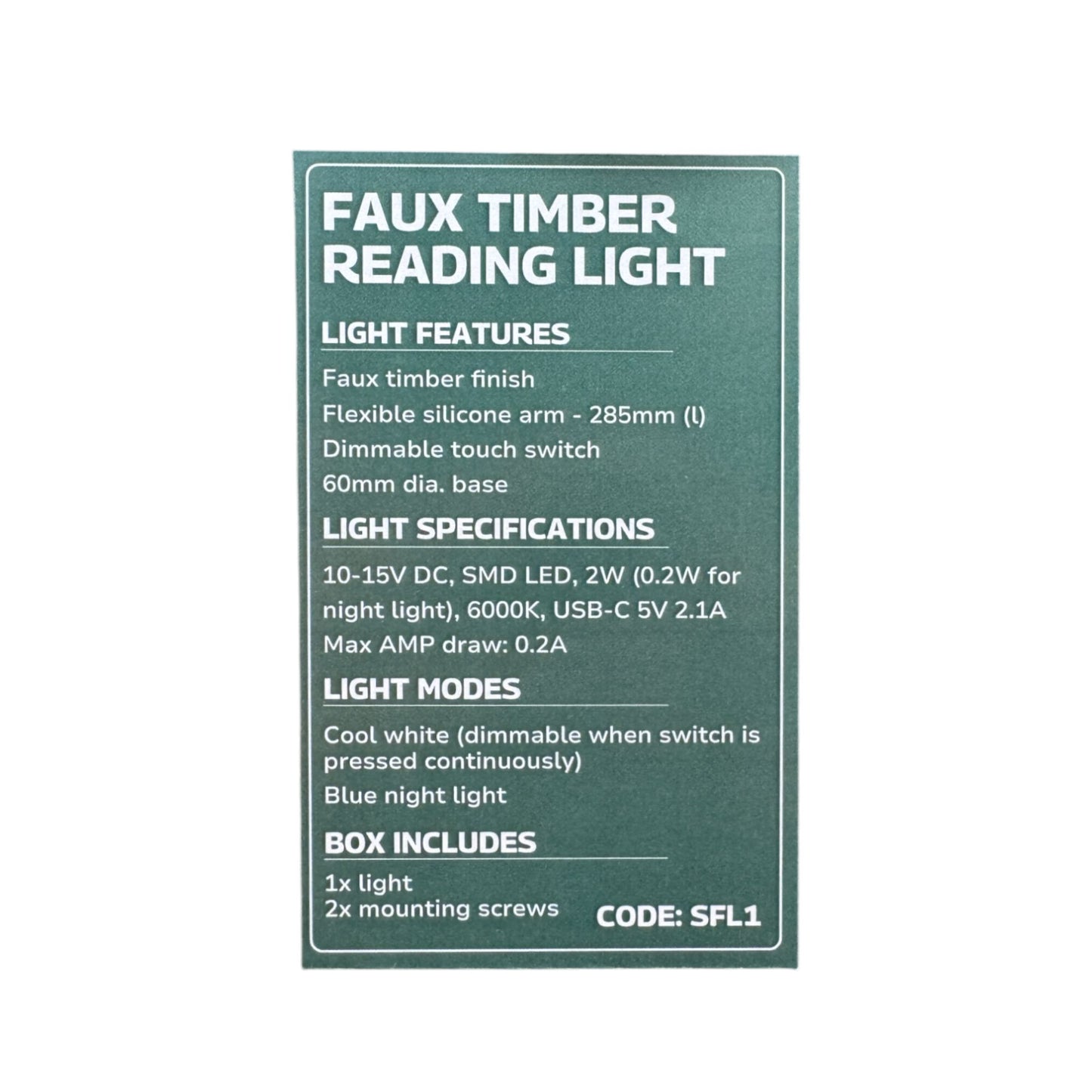 Supex Faux Timber LED Reading Light with USB-C