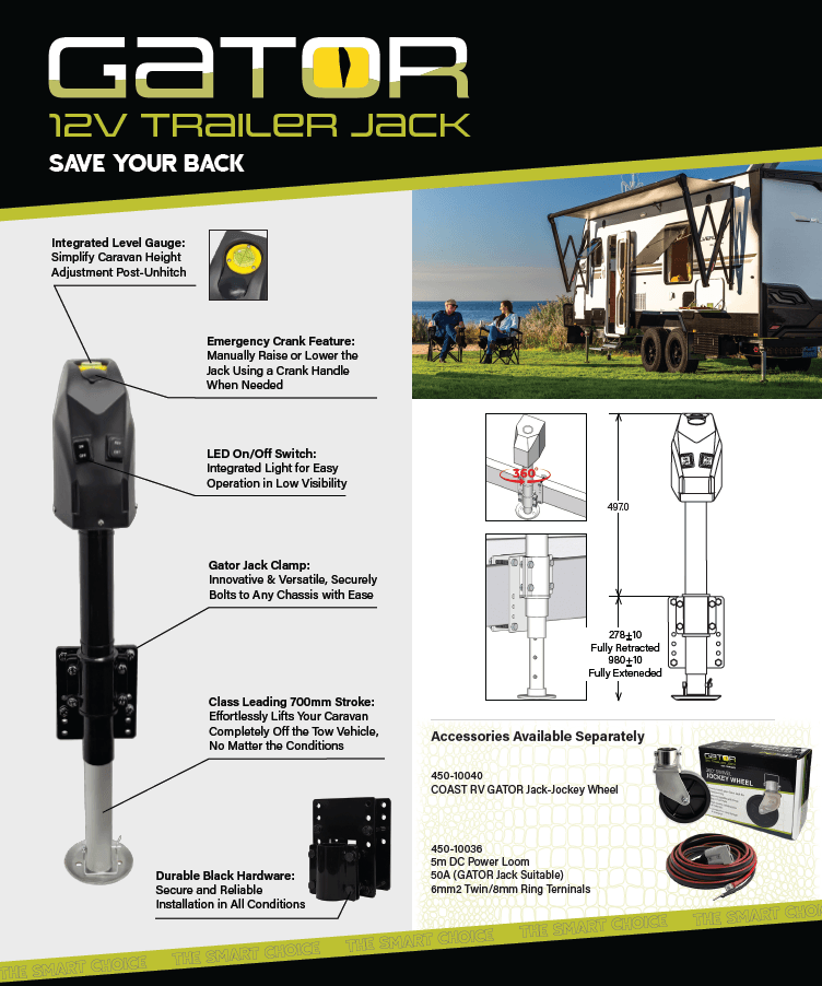 COAST RV GATOR 12V Trailer Jack with Clamp 1800KG and 355mm Lift - Everything Caravans
