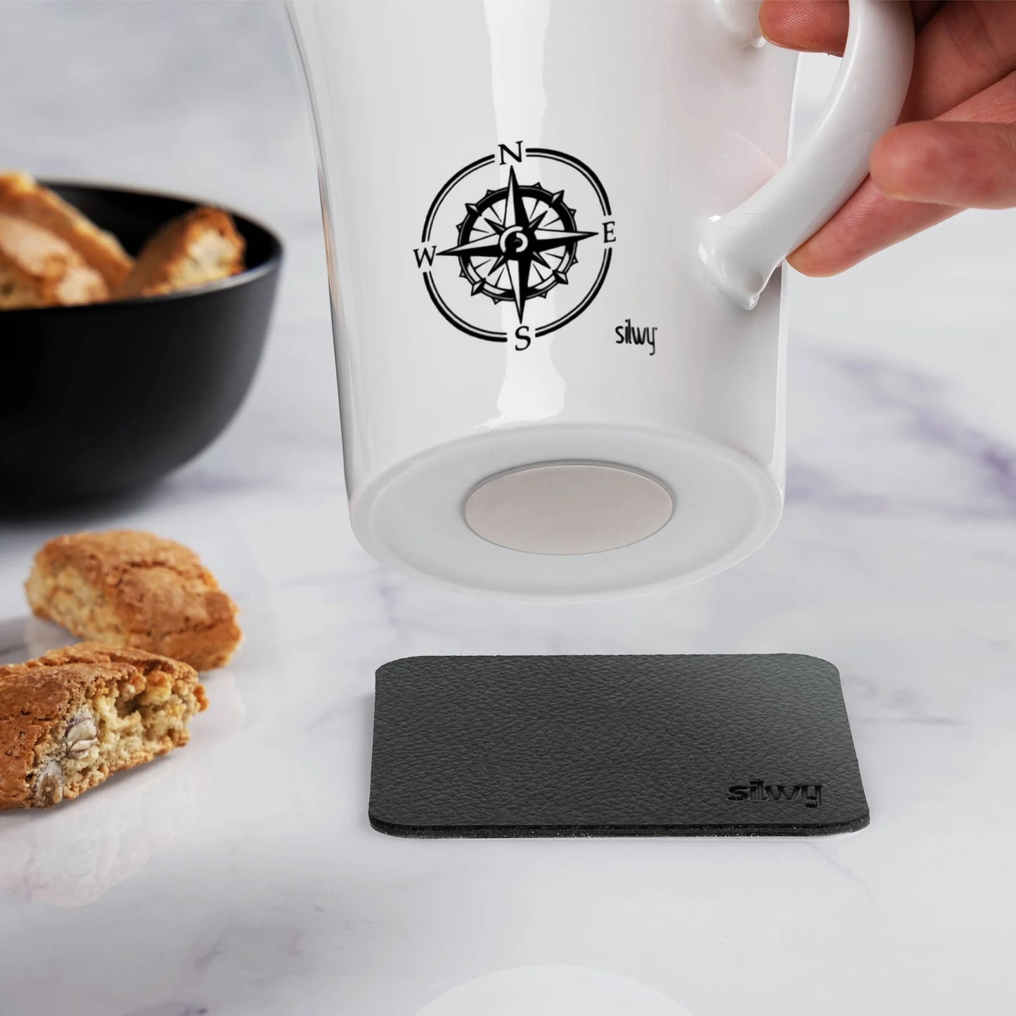 Porcelain Magnetic Handle Cups Travel Lust - Pads in BLACK - by Silwy - Everything Caravans