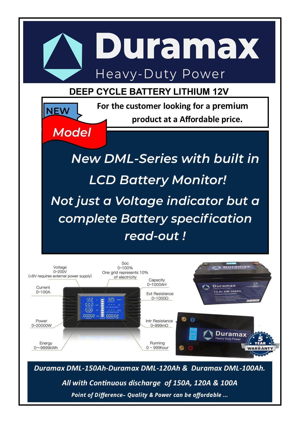 100amp Duramax Lithium Battery with Built-in Battery Monitor - Active Bms - Everything Caravans