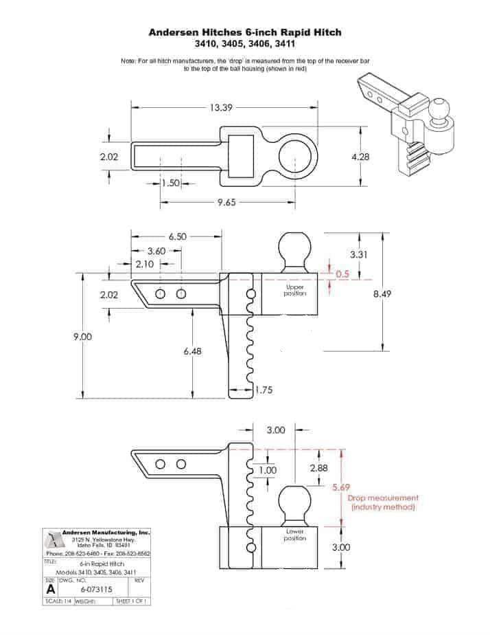 Andersen Adjustable Rapid Hitch - 6inch Long Drop 50mm ball - Everything Caravans