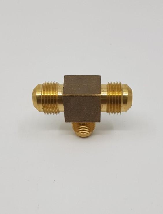Brass Gas fitting 3-8 Flare Three Way Tee with One 5-16 Flare - Everything Caravans