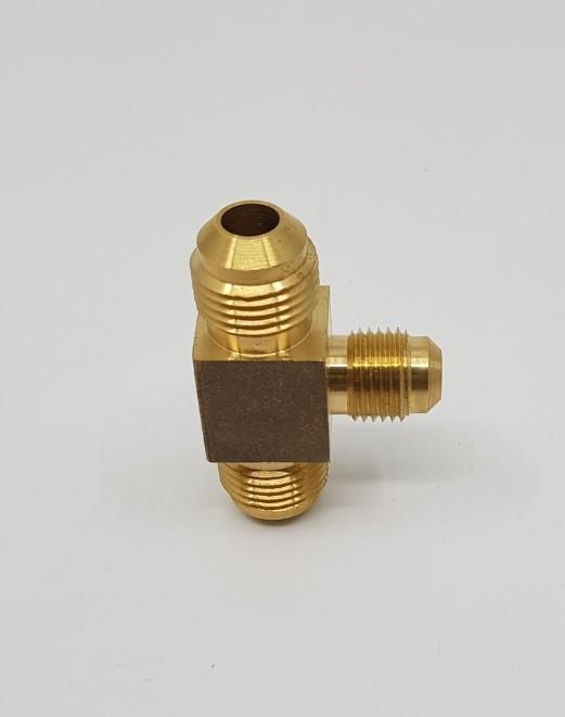 Brass Gas fitting 3-8 Flare Three Way Tee with One 5-16 Flare - Everything Caravans