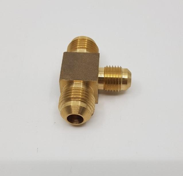 Brass Gas fitting 3-8 Flare Three Way Tee with One 5-16 Flare - Everything Caravans