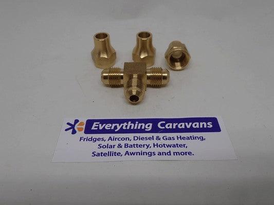 Brass Gas fitting 5-16 Flare Three Way Tee for 5-16 Copper Pipe with Flare Nuts 2352 - Everything Caravans