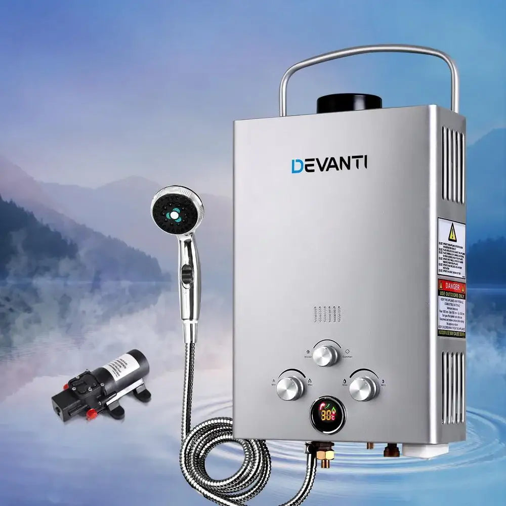 Devanti Outdoor Portable Gas Hot Water Heater Shower Camping LPG Caravan Pump Silver - Everything Caravans