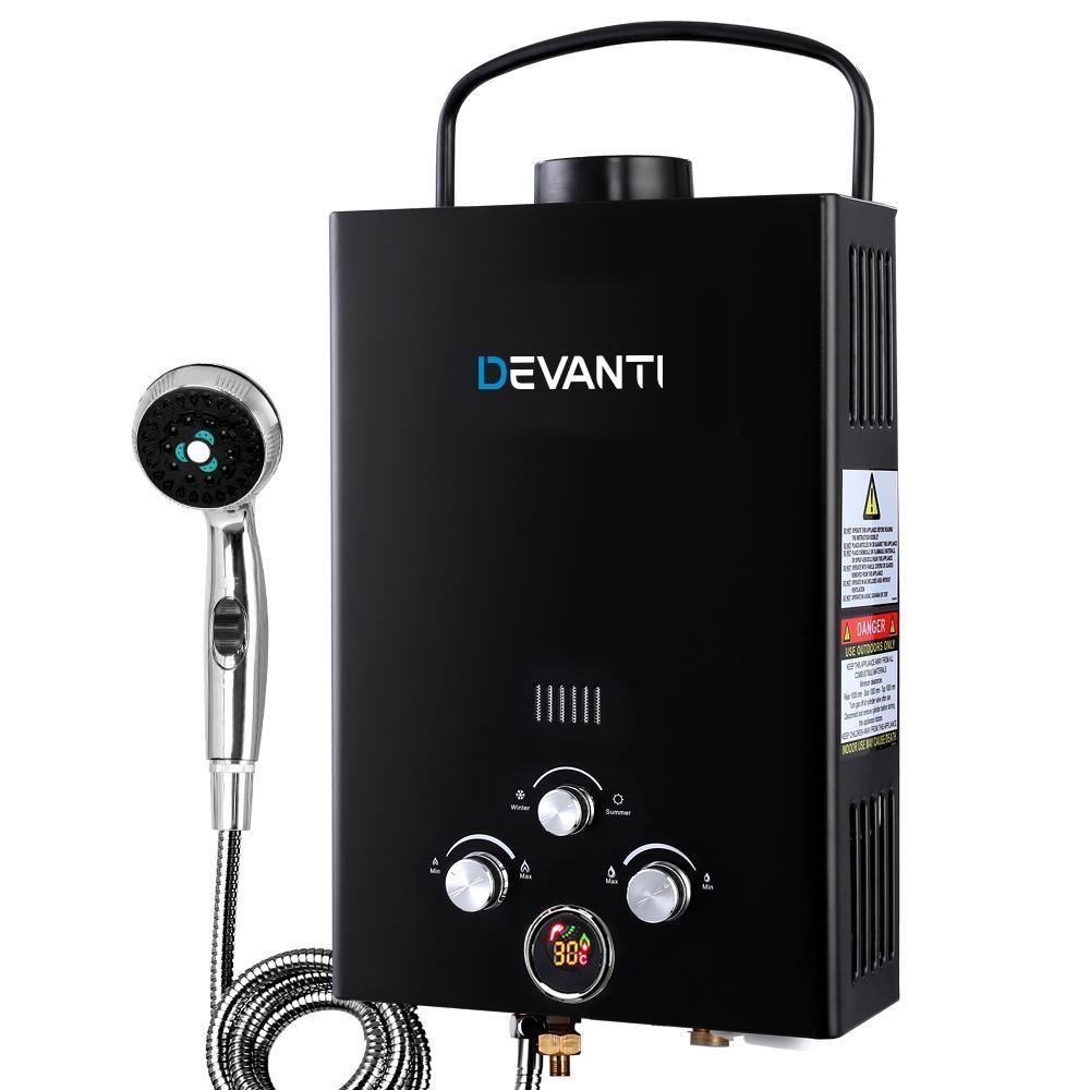 Devanti Portable Gas Water Heater Hot Shower Camping LPG Outdoor instant 4Wd Black - Everything Caravans