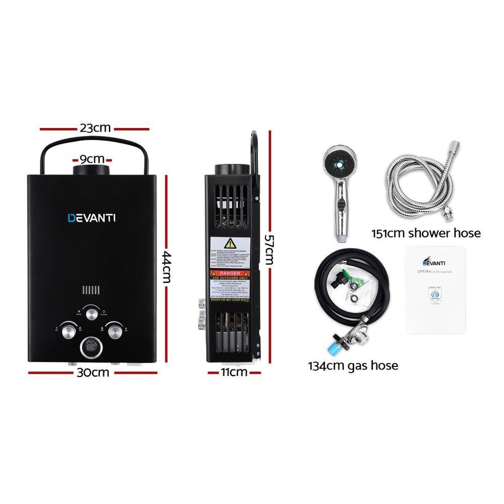 Devanti Portable Gas Water Heater Hot Shower Camping LPG Outdoor instant 4Wd Black - Everything Caravans