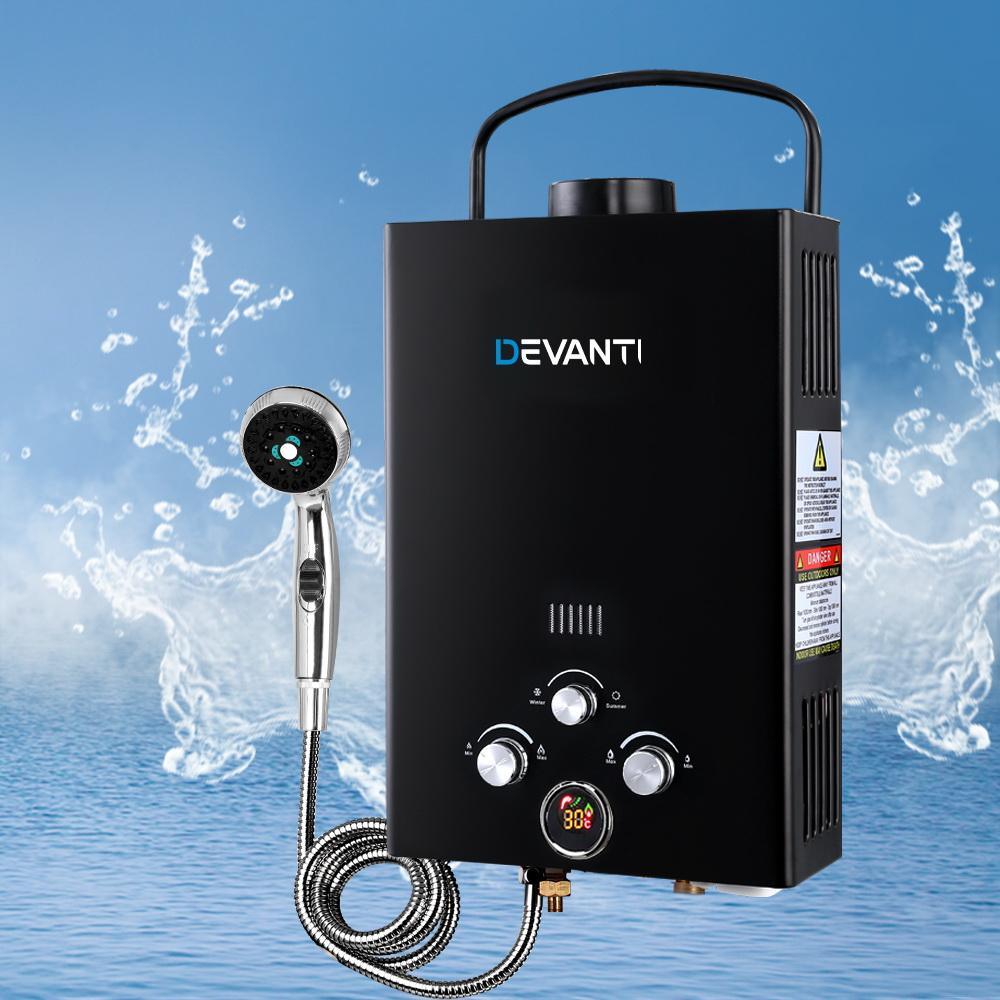 Devanti Portable Gas Water Heater Hot Shower Camping LPG Outdoor instant 4Wd Black - Everything Caravans