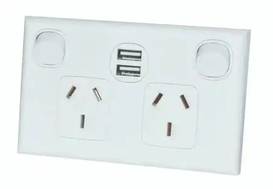 Double Pole Twin Outlet GPO with Built in Twin Usb - Everything Caravans