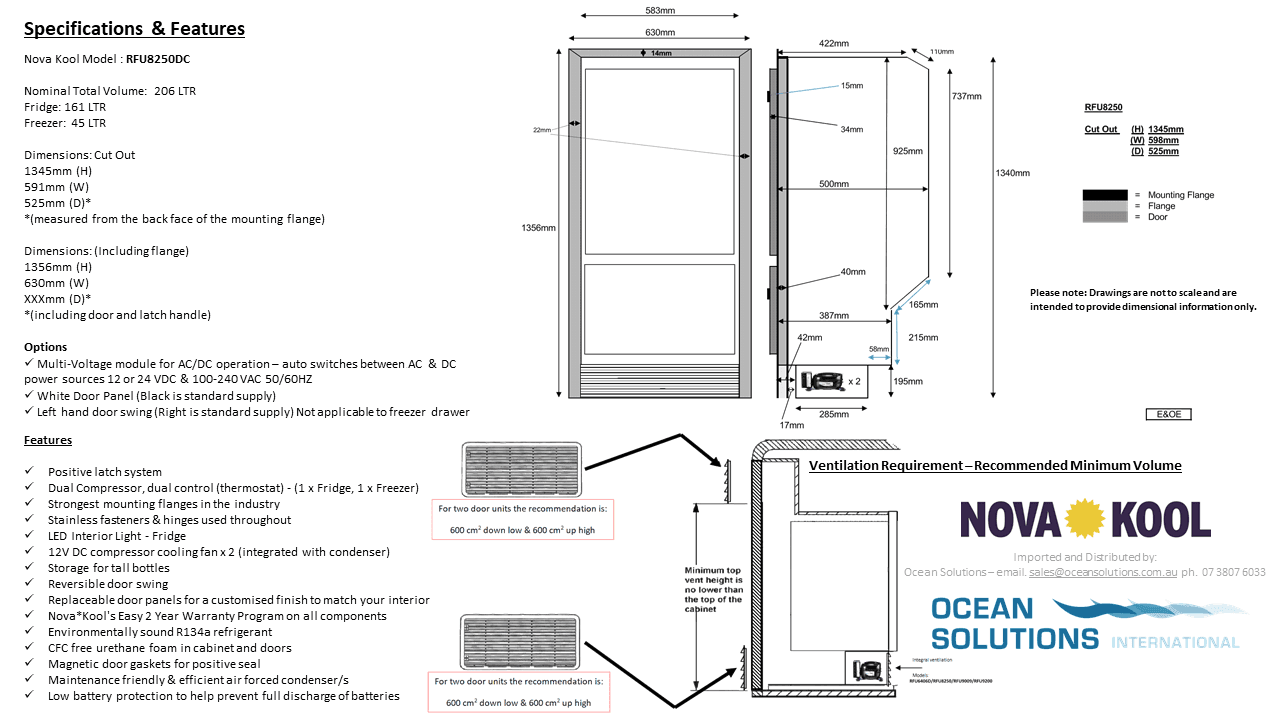 Nova Kool RFU8250 DC 206 Litre Upright Fridge Freezer - Replacement for RFU8220 - Everything Caravans