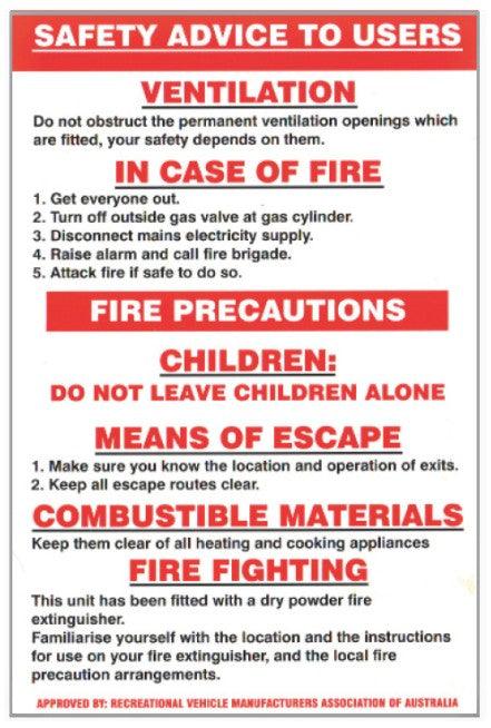 LPG Caravan Appliance Safety Advice to User Sticker - Everything Caravans