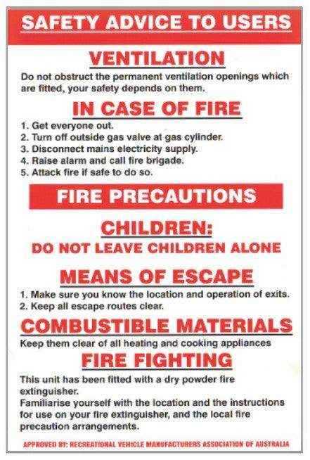 LPG Caravan Appliance Safety Advice to User Sticker - Everything Caravans