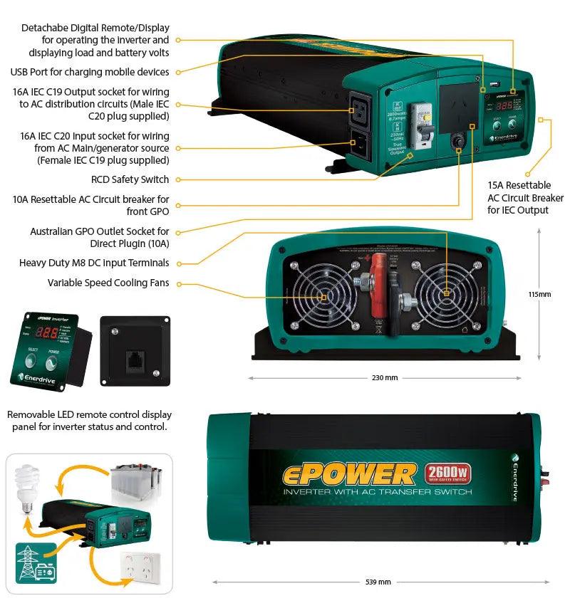 Epower 2000W 12v True Sine Wave Inverter with AC Transfer and Safety Switch - Everything Caravans
