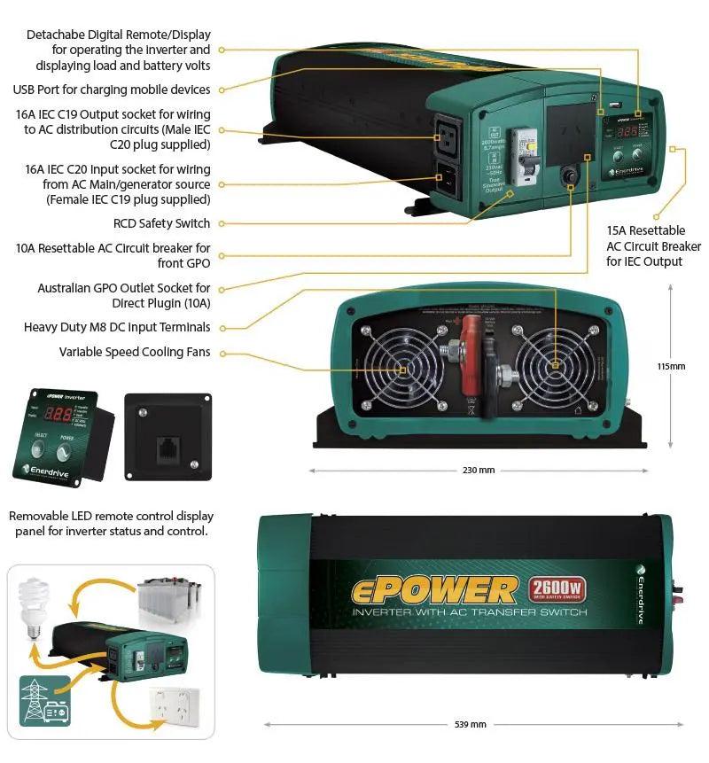 Enerdrive 2600W 12v True Sine Wave Inverter with Built in RCD - Everything Caravans