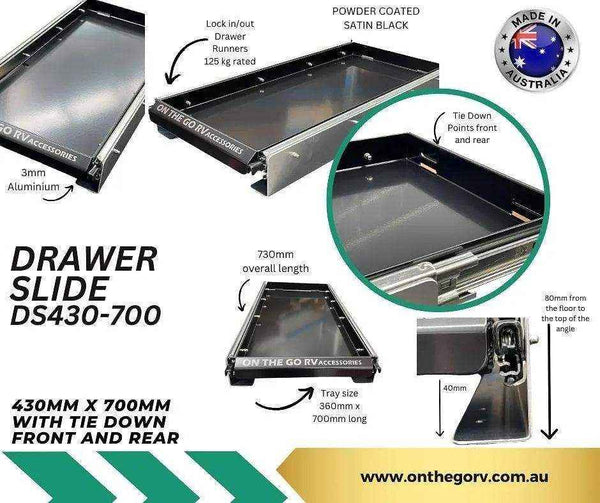 430mm wide Tunnel Boot Draw Slide x 700mm Long with tie down points - Everything Caravans