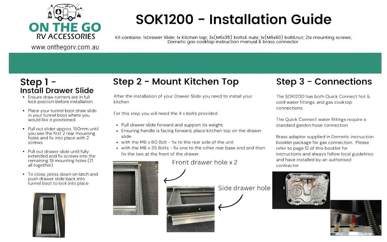 On The Go RV Slide Out Kitchen with Gas Cooktop 570mm X 1200mm