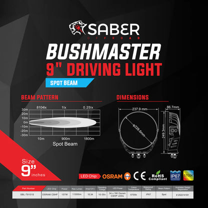 Saber Offroad Bushmaster 9" Driving Light - Spot Beam