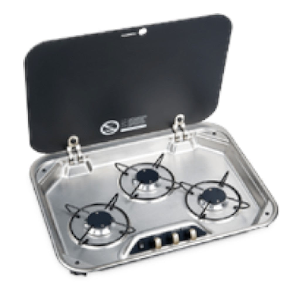 Dometic PI8023 three burner gas stove with safety glass lid for RV Cooking