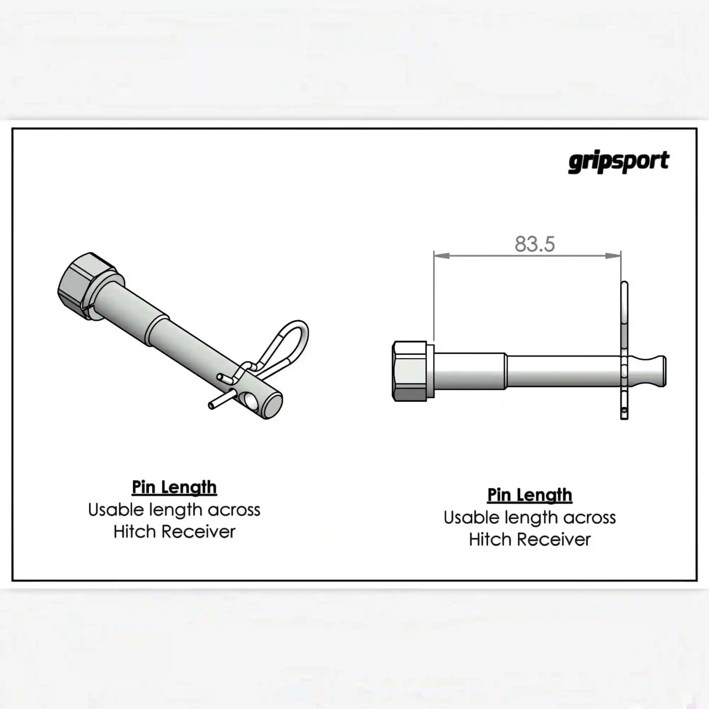 Technical drawing of a hitch receiver pin with labeled dimensions, featuring the 'gripsport' brand.