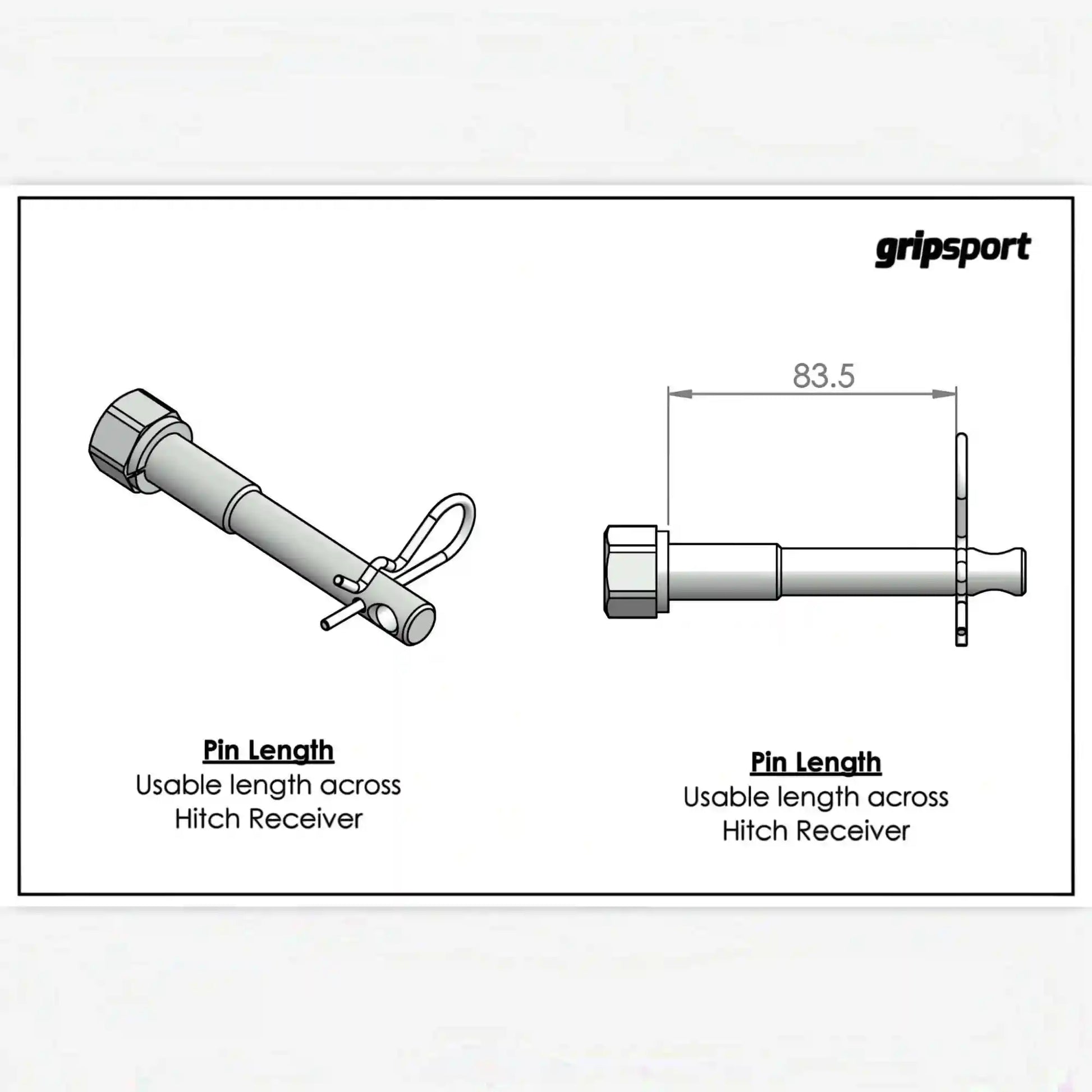 Technical drawing of a hitch receiver pin with labeled dimensions, featuring the 'gripsport' brand.