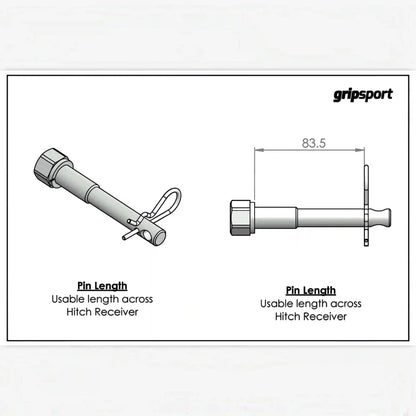 Technical drawing of a hitch receiver pin with labeled dimensions, featuring the 'gripsport' brand.