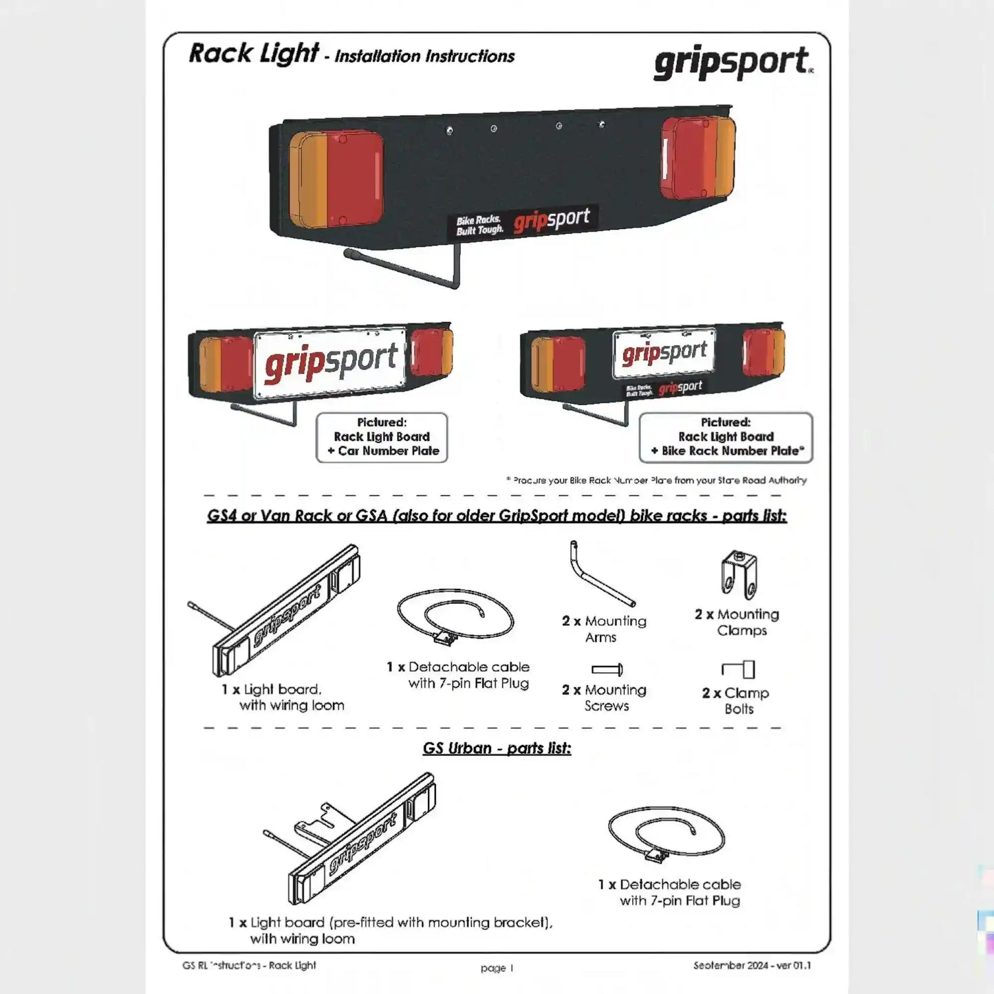 Gripsport Rack Light and Number Plate Assembly