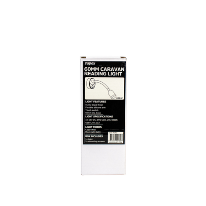Supex 60mm Caravan Reading Light With USB-C And Flexible Arm