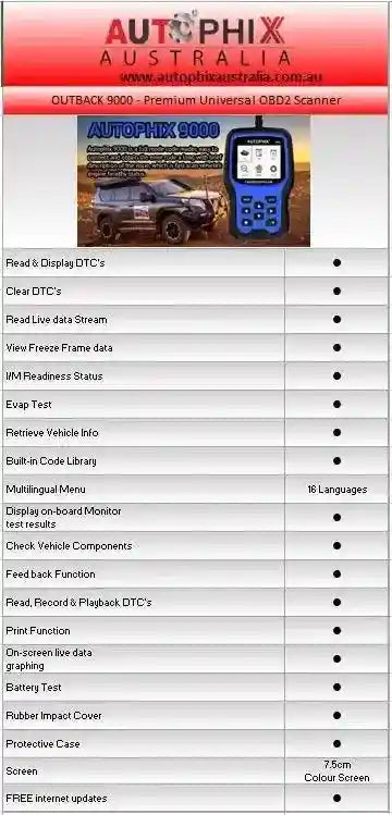 Autophix Outback 9000 Premium Universal Code Reader OBD2+EOBD/CAN - Everything Caravans