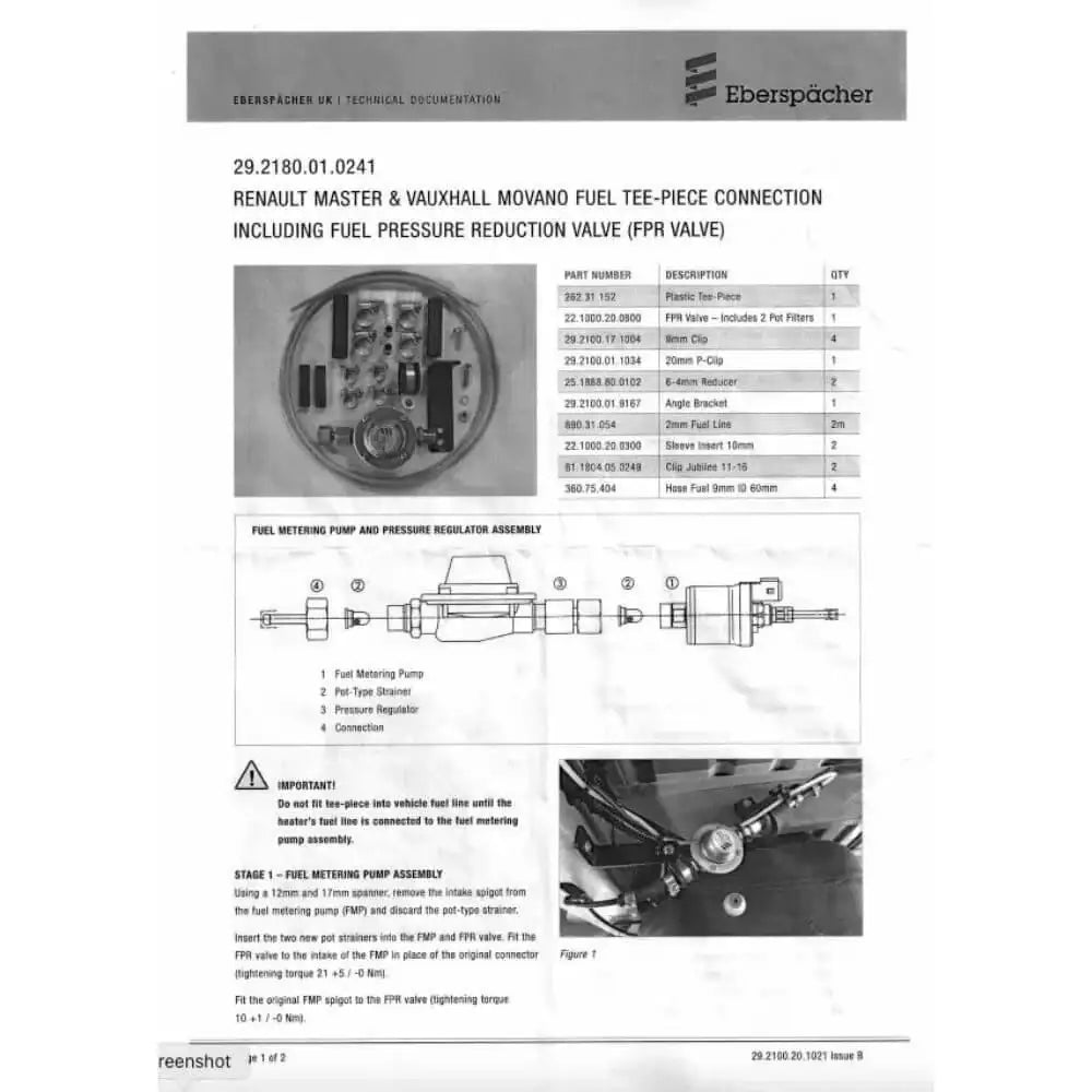 Eberspacher Pickup 29.2180.01.0241 Fuel Return Line Master Crafter 3