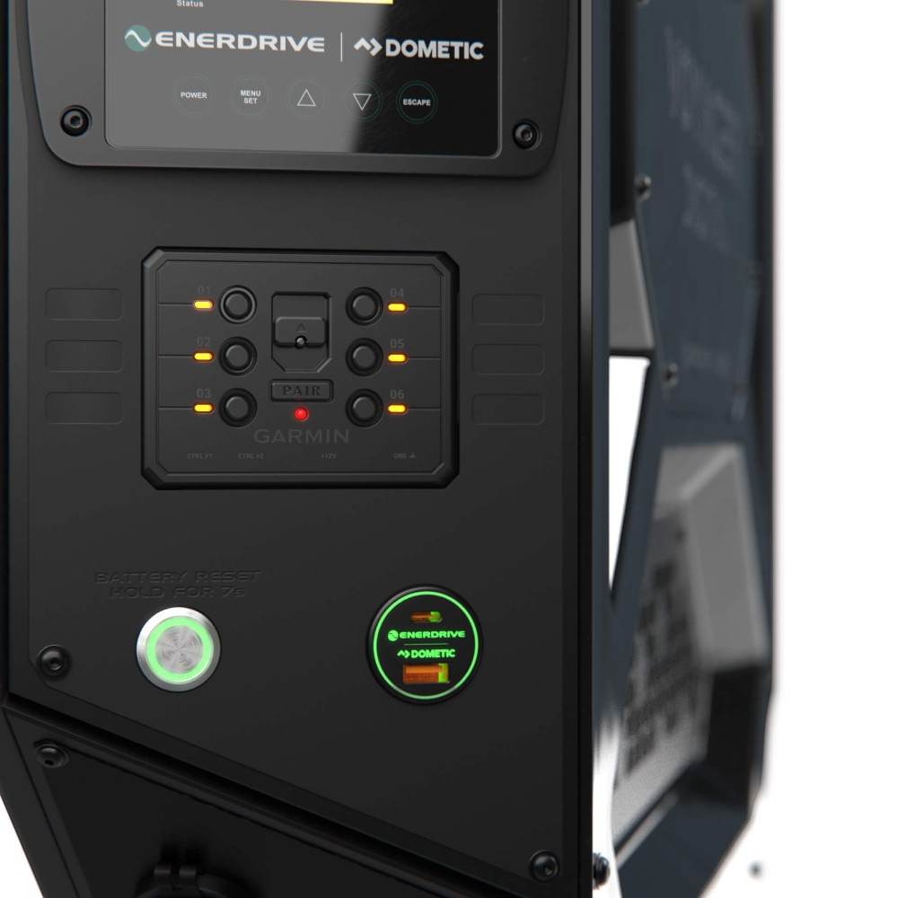 Voyager Digital Power System — canopy power system with Garmin PowerSwitch and 3000W/100A inverter‑charger 4