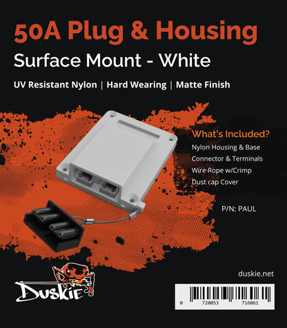 Duskie 50A Anderson Style White Kit with Cover Base Plug and Dust Cap