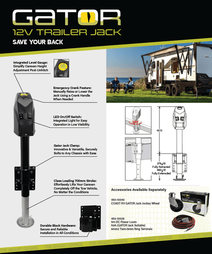 COAST RV GATOR 12V Trailer Jack with Clamp 1800KG and 355mm Lift - Everything Caravans