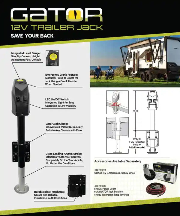 COAST RV GATOR 12V Trailer Jack with Clamp 1800KG and 355mm Lift - Everything Caravans