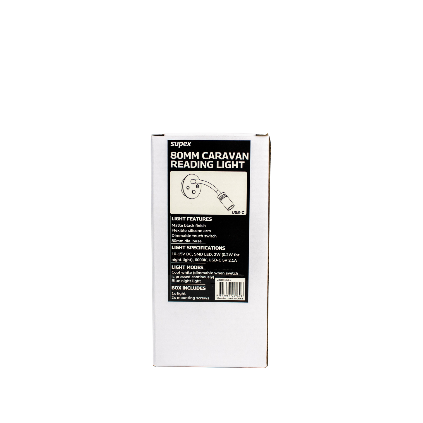 Supex 80mm Caravan Reading Light With USB-C Flexible Arm