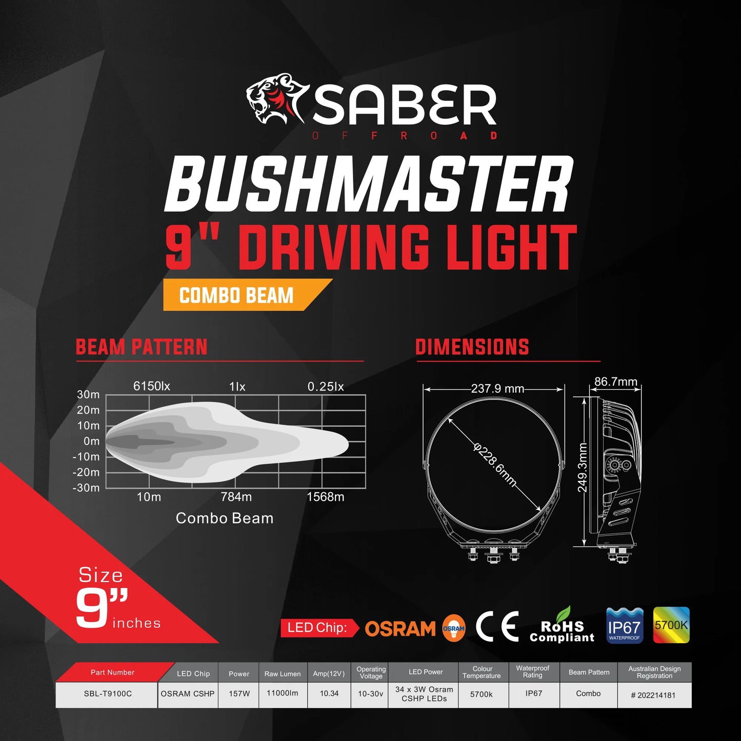Saber Offroad Bushmaster 9" Driving Light - Combo Beam