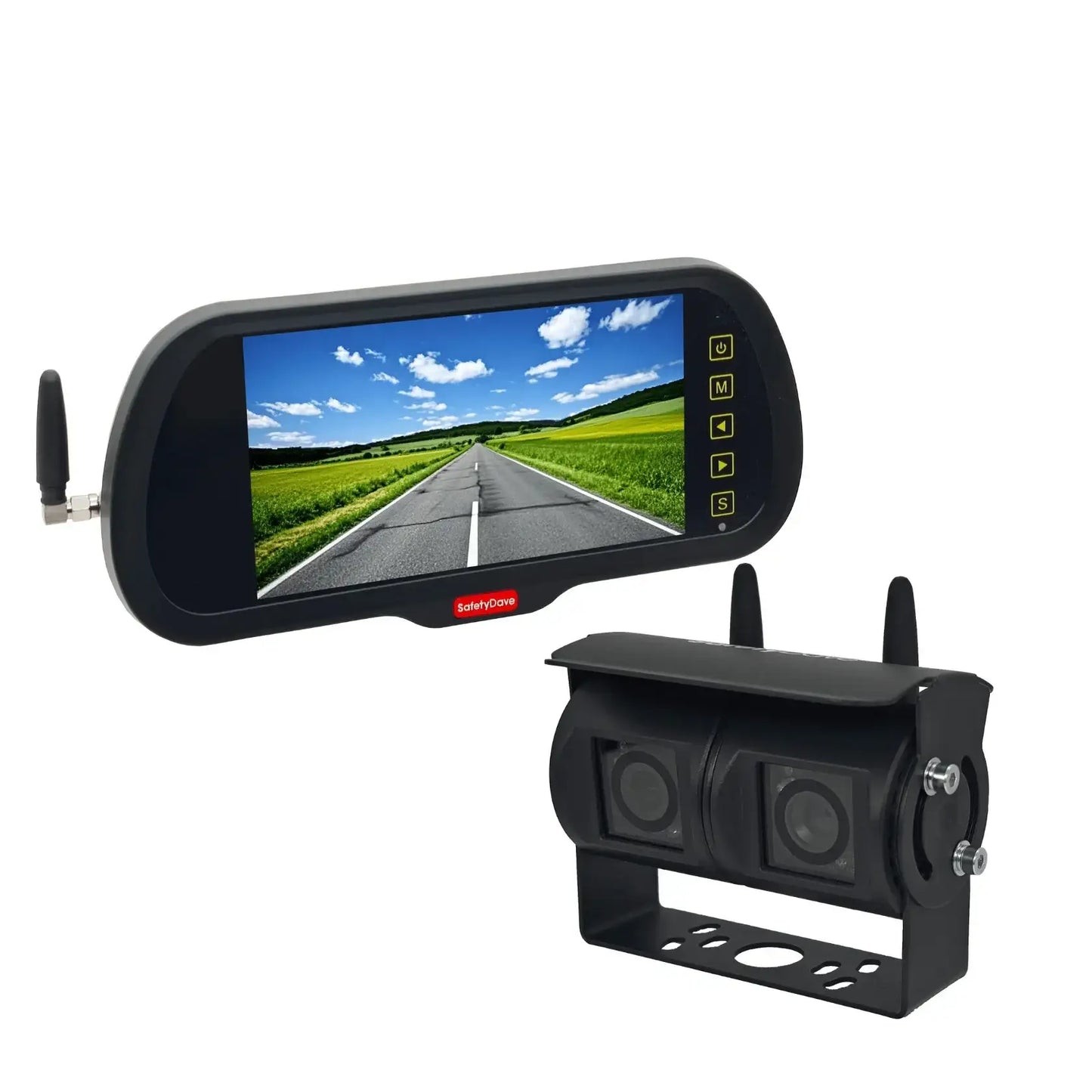 SafetyDave Wireless Rear Vision Mirror Kit with 7inch Mirror Monitor and Dual Black HD Camera