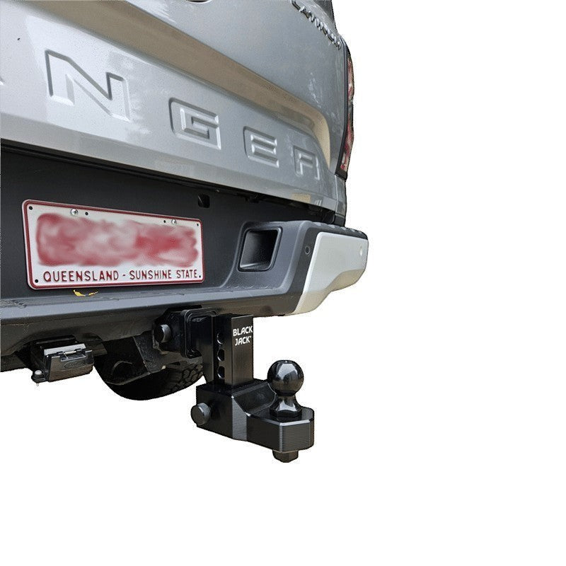 Everything Caravans Black Jack Centuria 150mm black aluminium hitch shank installed on a vehicle rear bumper