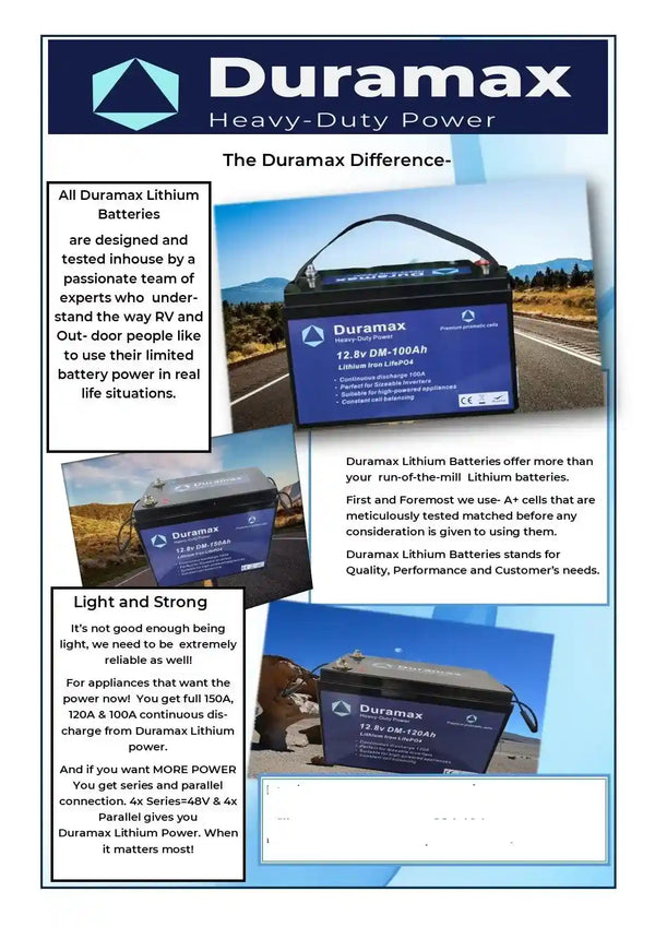 120amp Duramax Lithium Battery 12.8 volt with Bms Parallel or Series Connectable - Everything Caravans