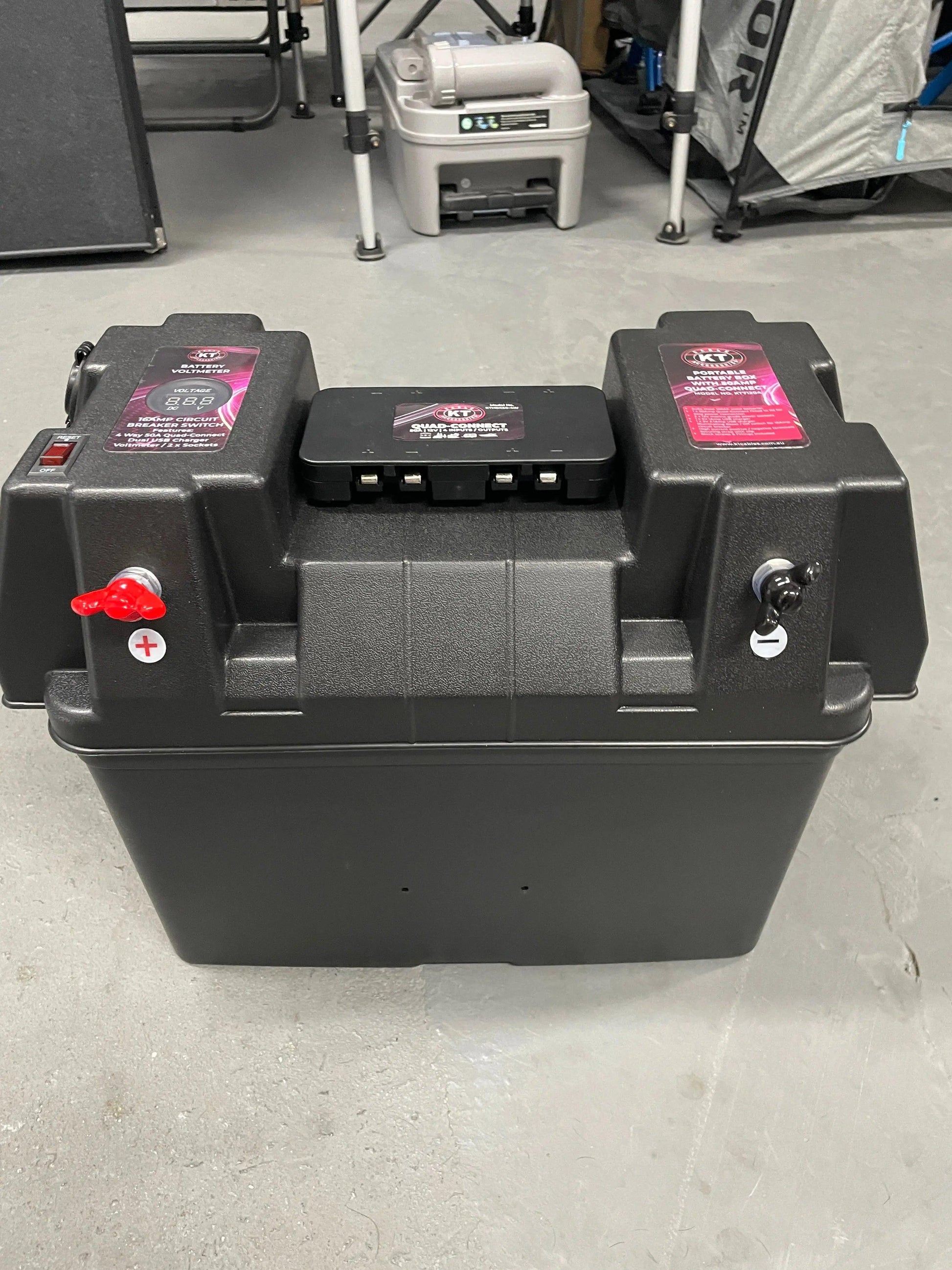 Battery Box Portable with 4 Way HDC and volt Meter - Everything Caravans