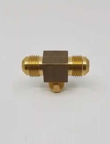 Brass Gas fitting 3-8 Flare Three Way Tee with One 5-16 Flare - Everything Caravans