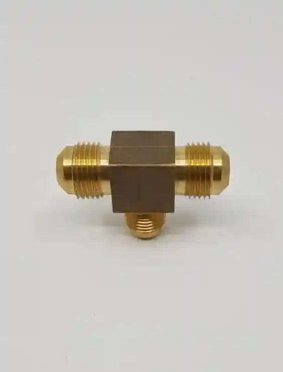 Brass Gas fitting 3-8 Flare Three Way Tee with One 5-16 Flare - Everything Caravans
