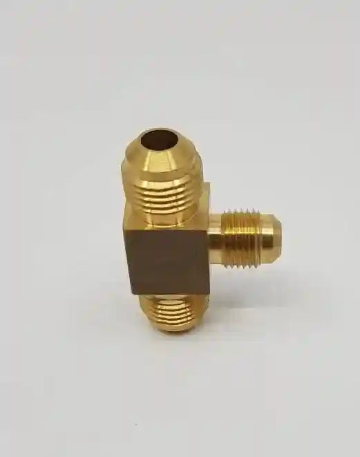 Brass Gas fitting 3-8 Flare Three Way Tee with One 5-16 Flare - Everything Caravans